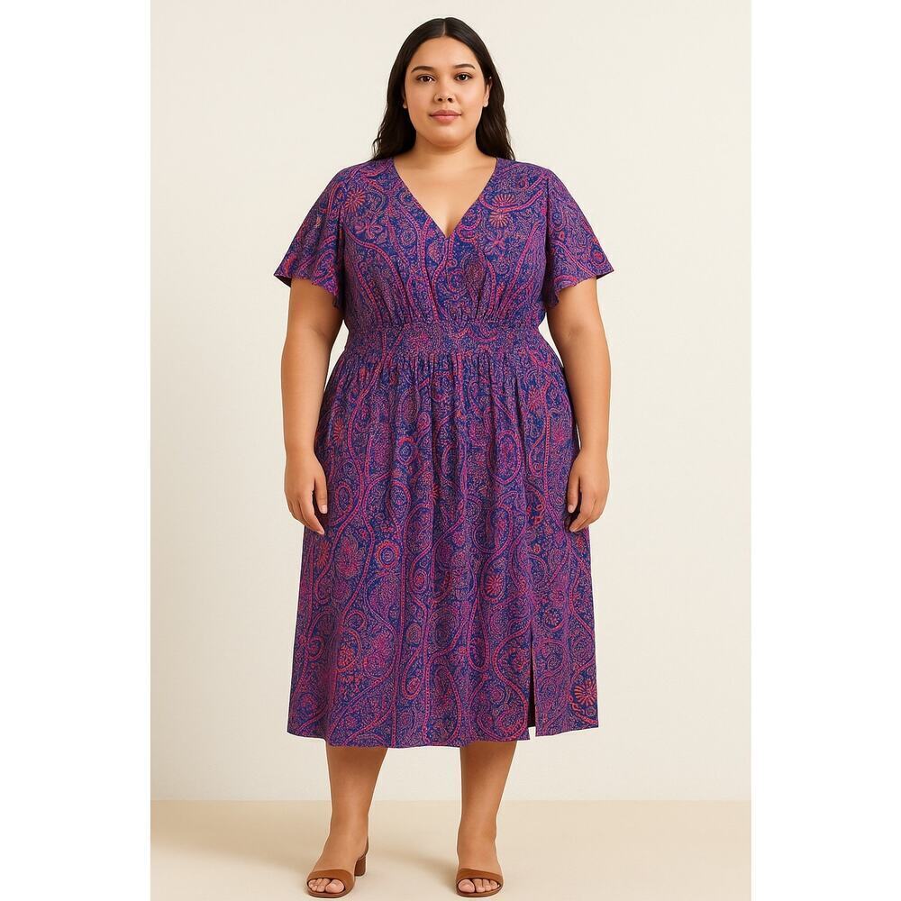 Terra & Sky 2X Boho Floral Paisley Sundress V-Neck Short Sleeve Cotton Cruise